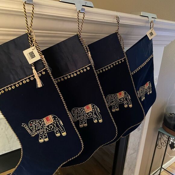 Ten Thousand Villages Beaded Elephant Velour Dark Blue and Gold Stockings x 4 - Picture 10 of 15